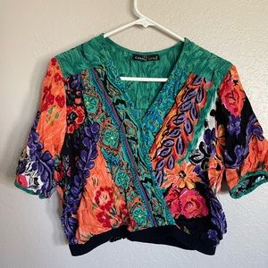 Bright colored vintage 80’s cropped top, blouse, shirt